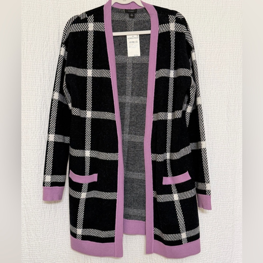 Halogen Alex Check Plaid Cardigan Black Ivory Purple Trim Size S